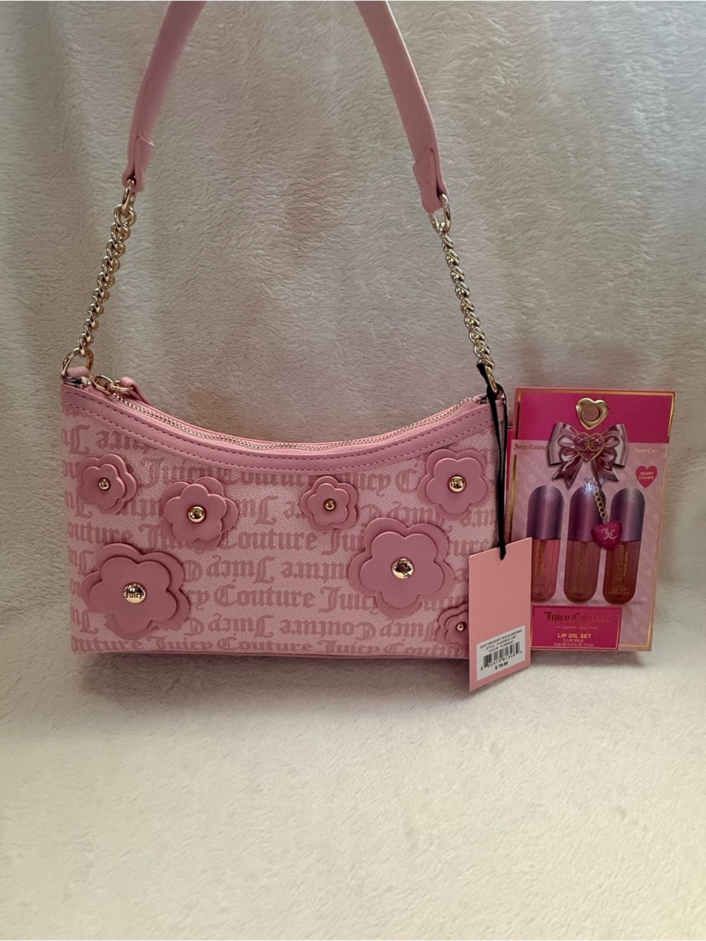 Beautiful Juicy Couture Bouquet Shoulder Bag Flamingo Flowers W Lip Oil Set 💗🌸